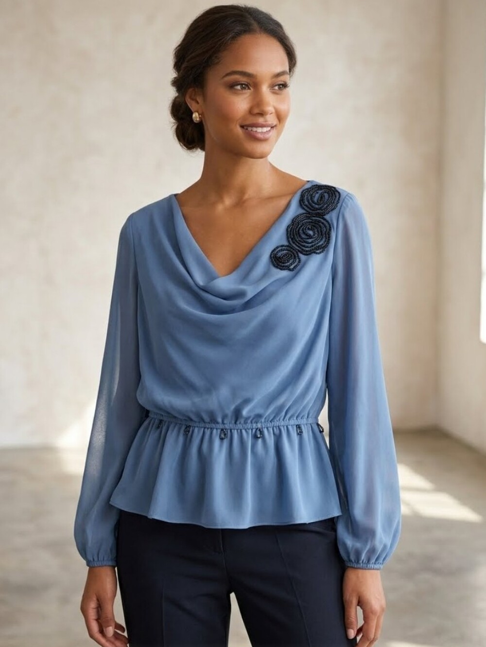 Adrianna Papell Blue Draped Neck Peplum Blouse Size Xl